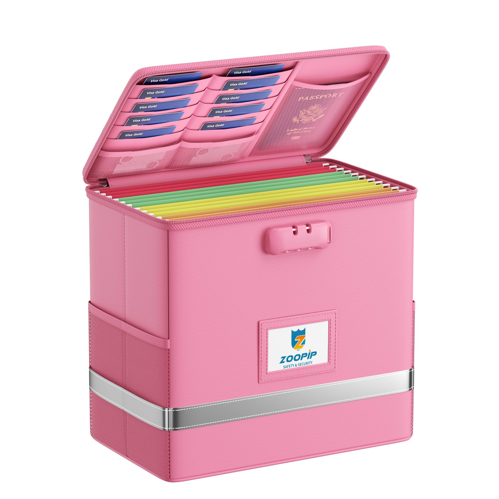 Photo 1 of ZOOPIP Fireproof File Box with Lock, Document Box Storage Organizer, Suitable for Hanging File Folders in Letter Size, Collapsible File Box, Reflective Strip for Fast Find (12.2"*6"*10.2, Pink)
