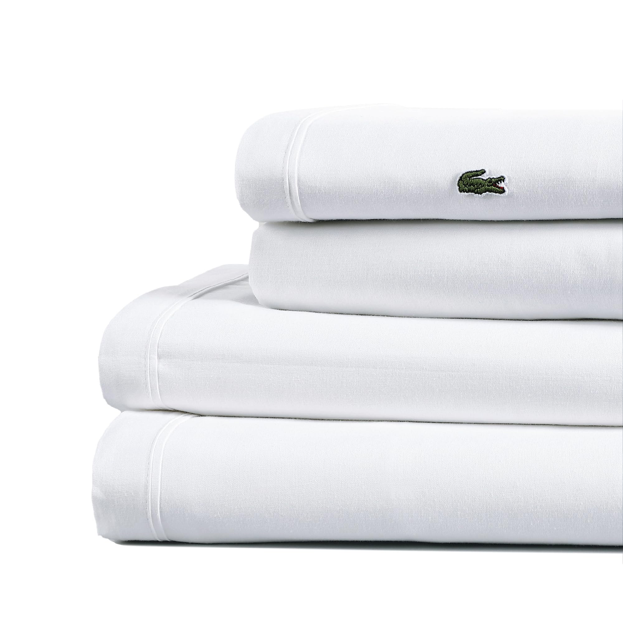 Photo 1 of Lacoste 100% Cotton Percale 4-Piece Sheet Set – Cool, Crisp, Matte, and Durable, Oeko-Tex Certified – Solid, White, Queen