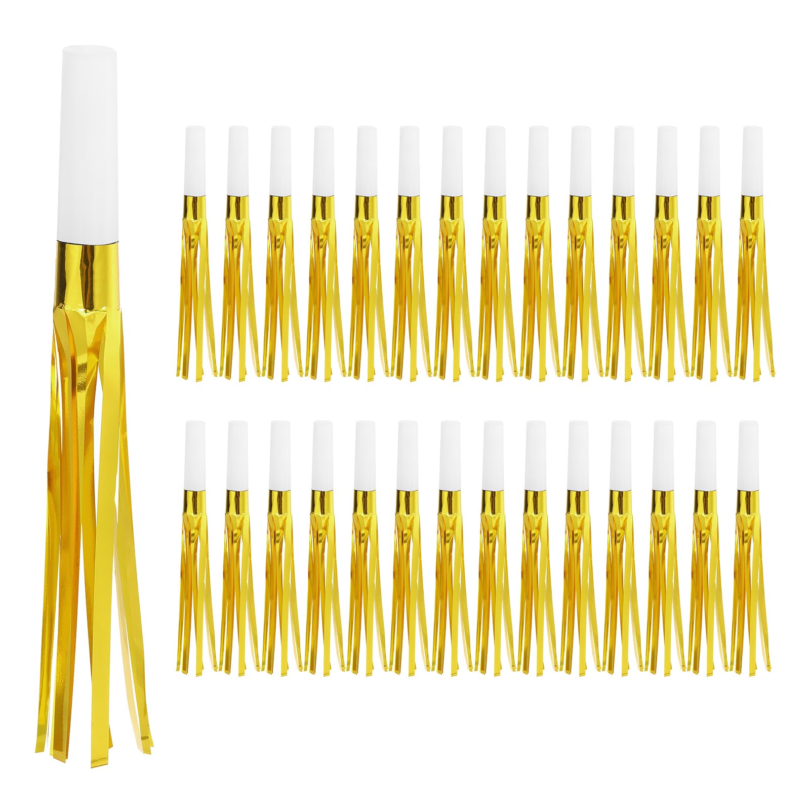 PATIKIL 60 Pcs Noise Makers, Metallic Fringed Noise Makers Party Whistles for Party Favor Supplies Birthday New Year, White/Gold Tone
