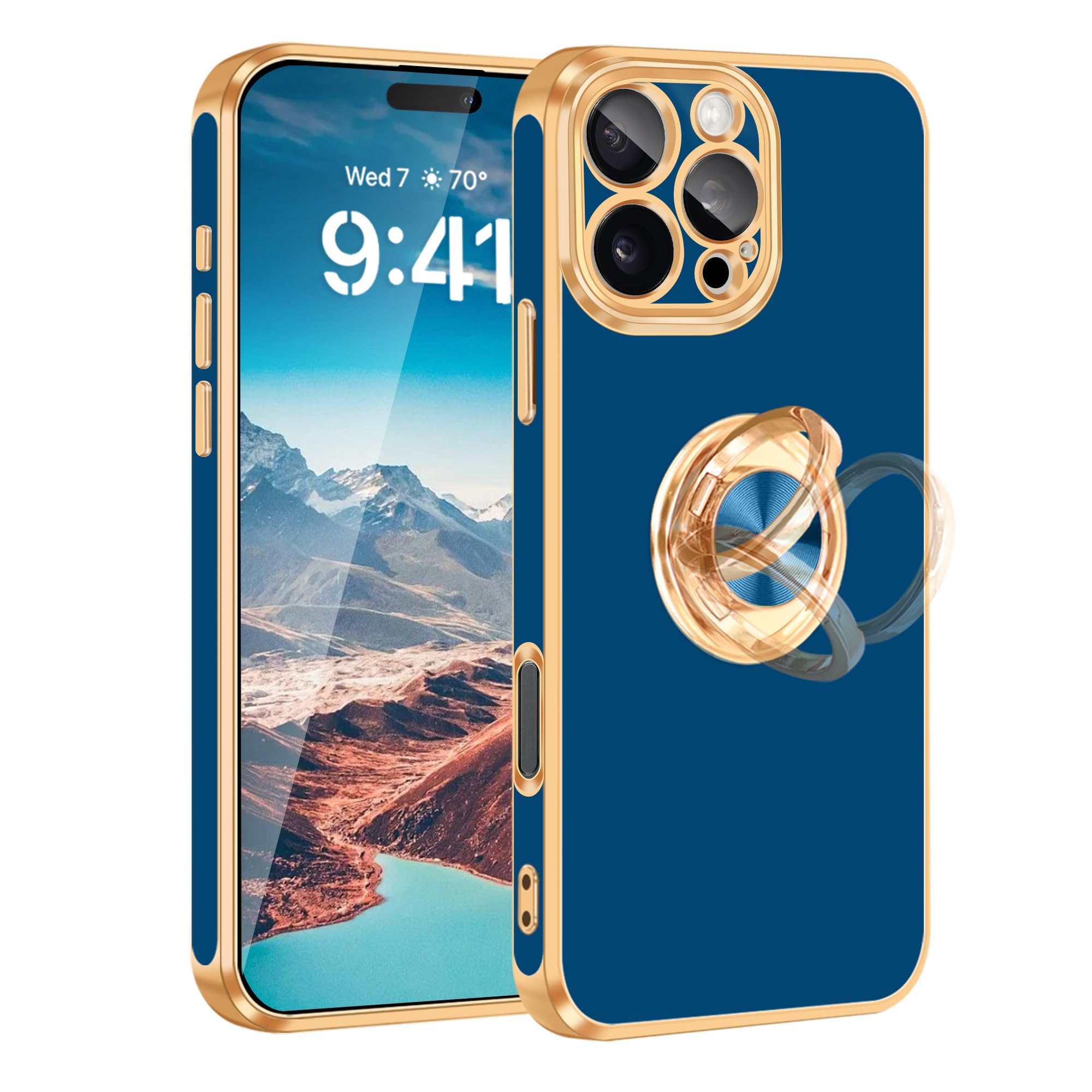 Fingic for iPhone 16 Pro Max Phone Case [with 360° Ring Holder][Support Magnetic Car Mount] Shiny Plating Gold Slim Thin Soft TPU Dropproof Shockproof Case for iPhone 16 Pro Max for Women,6.9",Blue