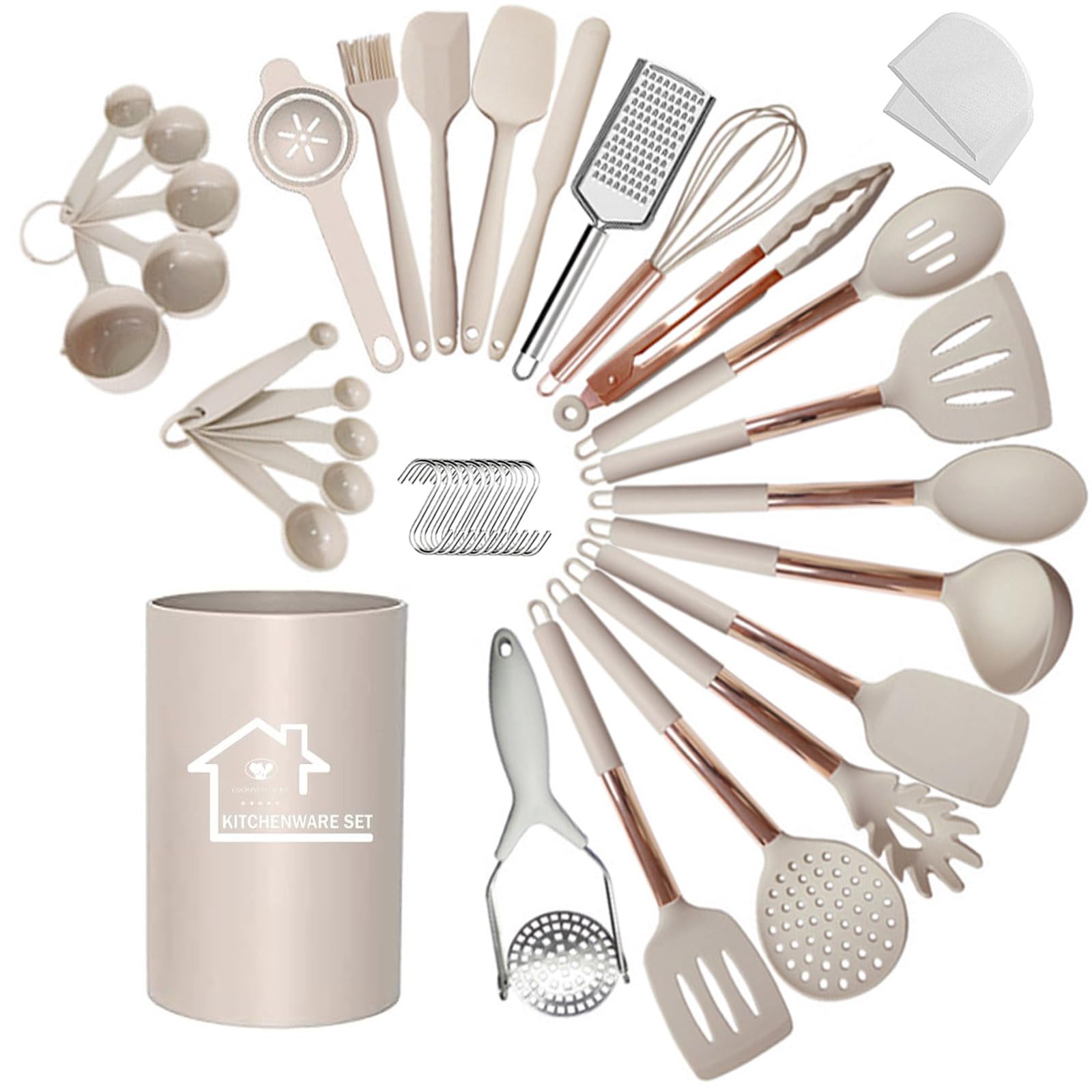 UXIYI Kitchen Utensils Set, Silicone Cooking Utensil Set, Non Stick Spatula Set with Rose Gold Stainless Steel Handle, Heat Resistant Kitchen Tools, 40PCS, Khaki