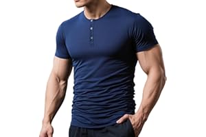Xiaojmake Men's Muscle Slim Fit Henley Shirts Crewneck Button Up Longline T-Shirts Pleated Gym Workout Athletic Tees Shirt