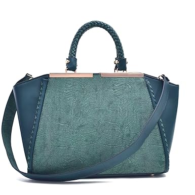Dasein Womens Large Winged Satchel Handbag Two Tone Fashion Structured Shoulder Bag (Dark Green)