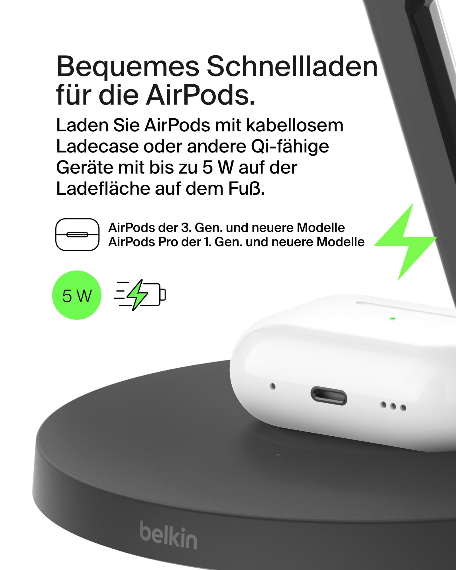 Belkin BoostCharge Pro 3-in-1 Qi2 Kabelloses Ladegerät, MagSafe-Kompatibles Ladegerät, Induktive Ladestation für die Apple iPhone 17, Air, 16, Pixelsnap, Apple Watch, AirPods, inkl. Netzteil – Schwarz 5