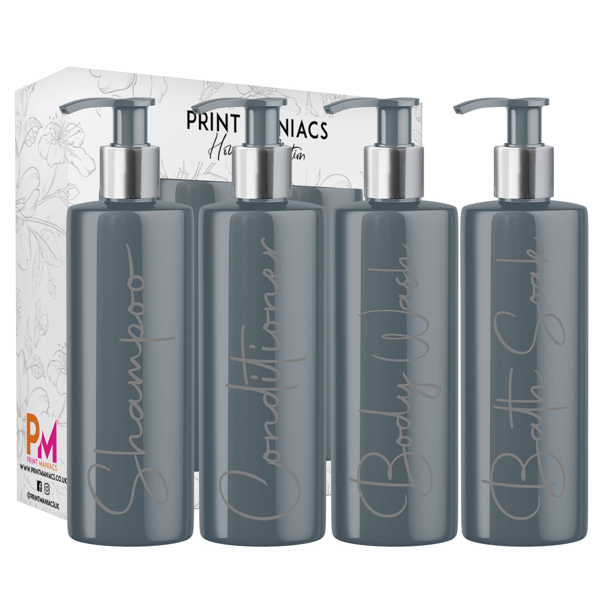Print Maniacs Grey Mrs Hinch Inspired Personalised 500ml Pump Bottles Bathroom Lotion Kitchen Set Shampoo Conditioner Body Wash F2 (Grey, Set of 4)