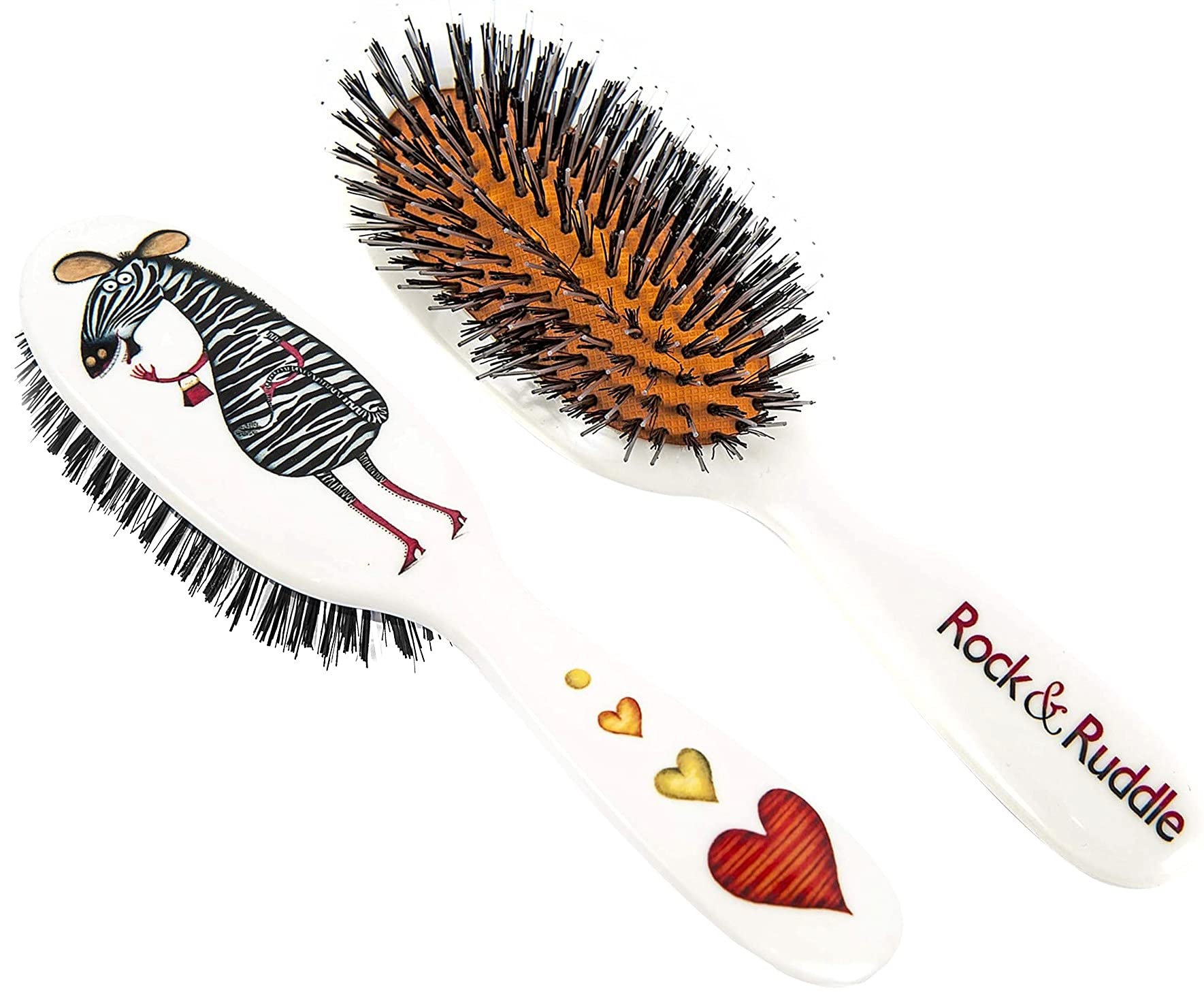 Rock & Ruddle Natural Mixed Boar Bristle Hair Brush for Women and Kids (Small/Travel Size, 17.5cm) - Perfect for Wet or Dry Hair, Detangling Smoothing Blowdrying - Made in UK - Mrs Zebra Design