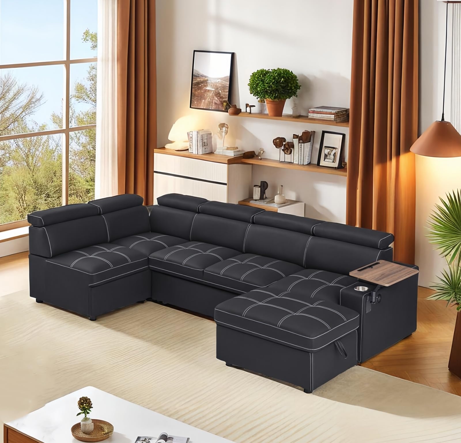 oaaktu 113 inch Ultra-fine Fiber Segmented Sleeper Sofa with Pull-Out Bed, Recliner and Storage Ottoman Style Sofa. with Adjustable headrests and Degree Rotating Side Table (Carbon Black)