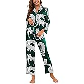Brosloth Womens Silk Pajamas Long Sleeve Button Down Animal Print Cute Pjs Set Satin Pajama Set