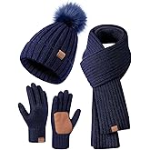 Winter Beanie Hat Scarf Gloves Set for Women, Winter Hats for Women Fleece Lined Warm Thermal, Womens Beanie with Pom Pom Long Scarf Neck Warmer Touchscreen Gloves 3 in 1 Cold Weather Set(B-10) Navy
