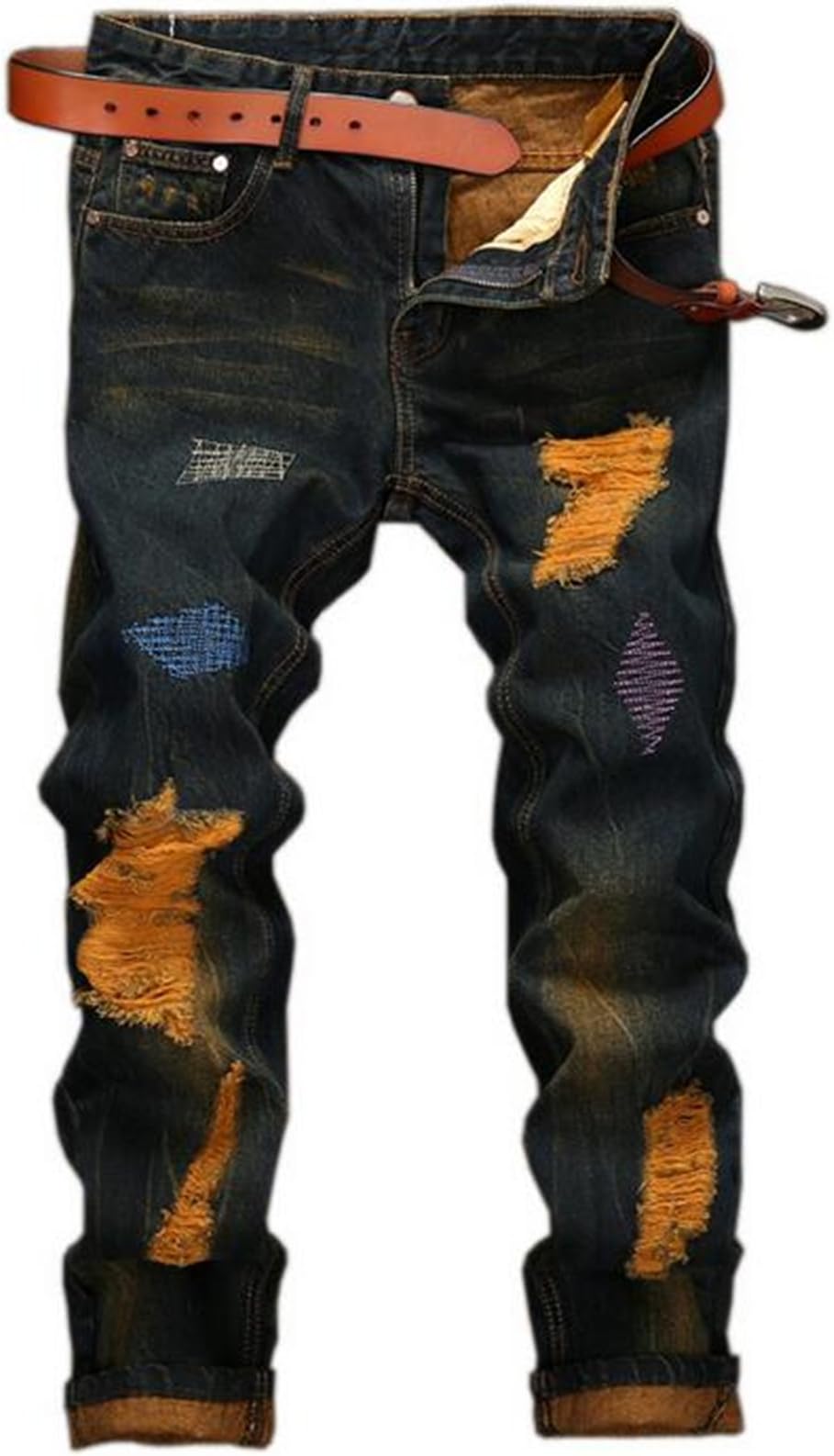JJZXX Men Denim Cowboy Cotton Casual Fashion Self-Cultivation Straight Tide Pants Jeans Tear Personality Old Vintage Classic Jeans