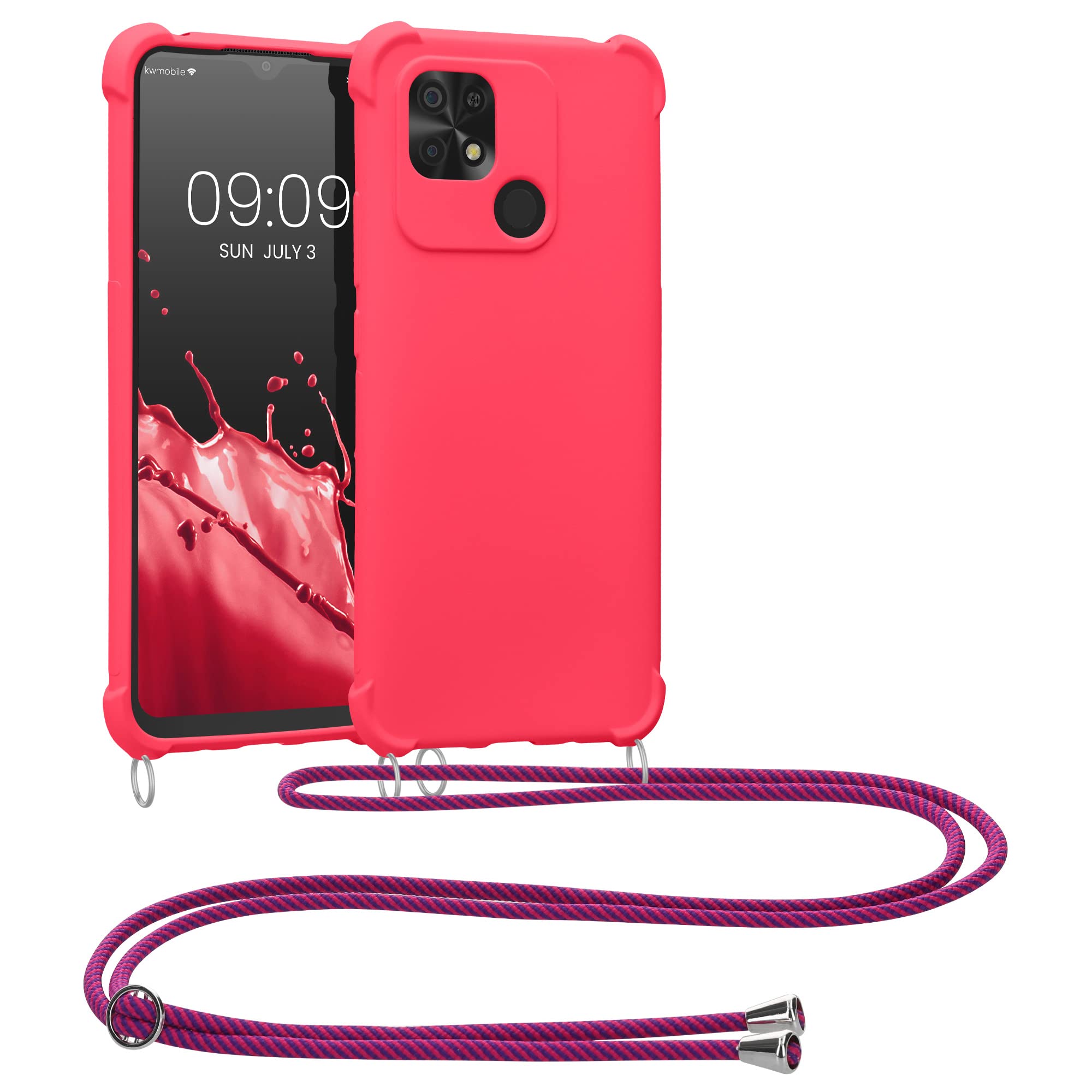 kwmobile Crossbody Case Compatible with Xiaomi Redmi 10C Case - TPU Silicone Cover with Strap - Awesome Pink
