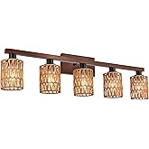 MELUCEE 5 Lights Boho Bathroom Light Fixtures with Rattan Lampshade, Wood Vanity Lighting Fixtures Vintage Wall Light Fixture