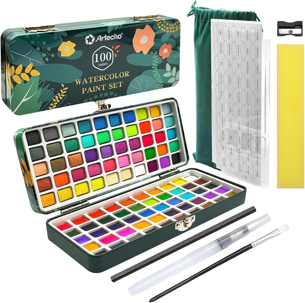 Artecho 100 Color Watercolour Paint Set with Brushes & Papers - Portable Box