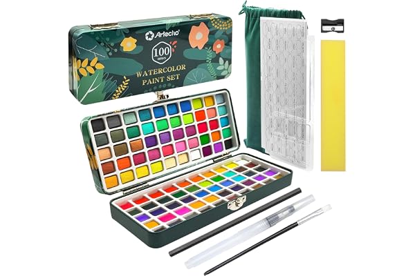 Artecho Watercolor Paint Set 100 Colors in Portable Box Including, Travel Watercolor Set with Watercolor Papers, Brushes and