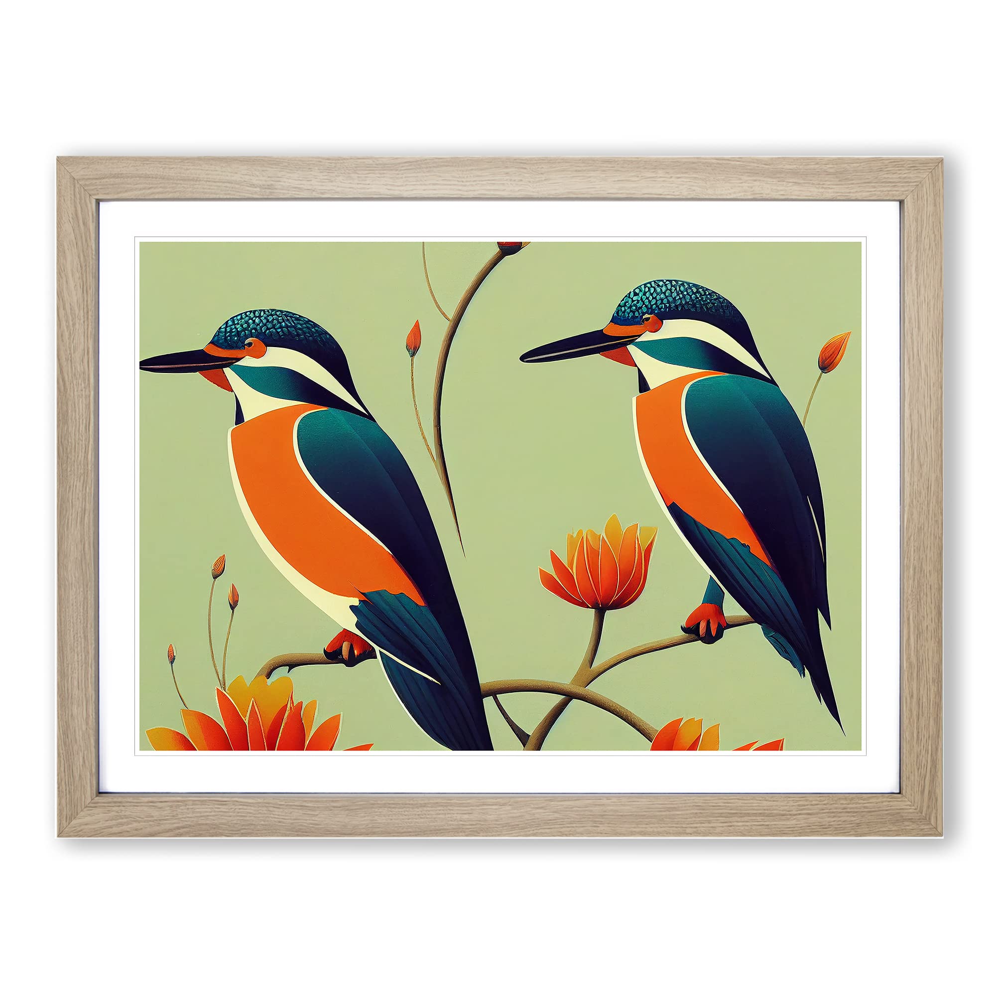 Kingfisher Birds Art Deco WHT Framed Print | A4 Oak Framed Wall Art | Ready to Hang | Art Deco Nature Picture | Living Room Bedroom Lounge Office
