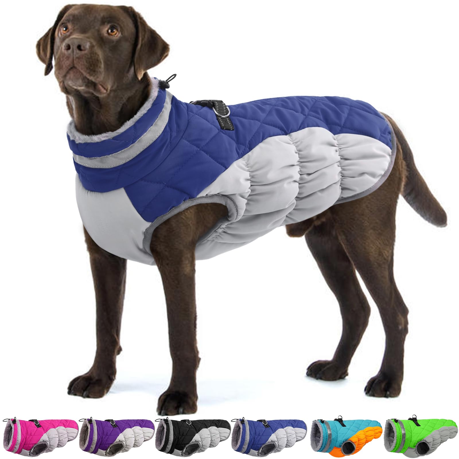 OUOBOB Dog Coat - Winter Jacket with Harness, Waterproof, Reflective, Windproof, Puffer Jacket Blue 2XL