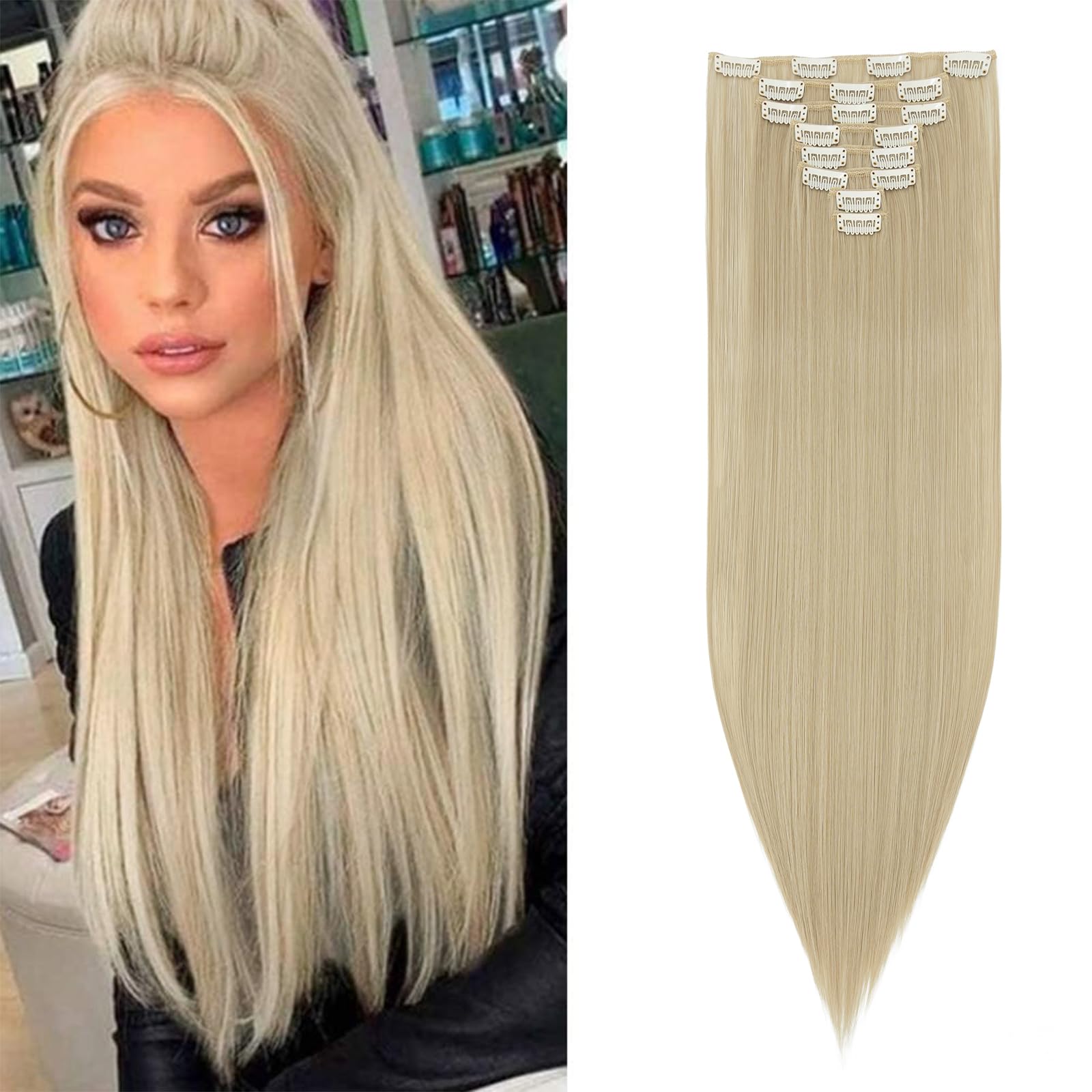 26" Long Straight Clip in Hair Extensions Full Head 8Pcs 18Clips Ombre Colorful Synthetic Hair Clip in Hairpiece Ash Blonde mix Bleach Blonde