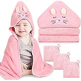 4 PCS Baby Bath Towels Set, Baby Towel for Newborn Essential (Pink Kittens) | 1PC Baby Towel &amp; 3PCS Washcloths Set, Cute Animal Hooded Towel, Ultra Absorbent &amp; Soft, Newborn Shower Gifts for Boys &amp; Girls
