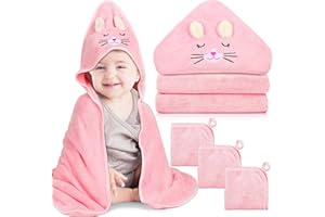 Sublaga 4 PCS Hooded Baby Towels, Absorbent Baby Bath Towel, Soft Baby Towels and 3 PCS Baby Washcloths for Newborns, Toddlers, and Kids, 32x32 in Baby Towel with Hood for Boy and Girl (Pink Kittens)