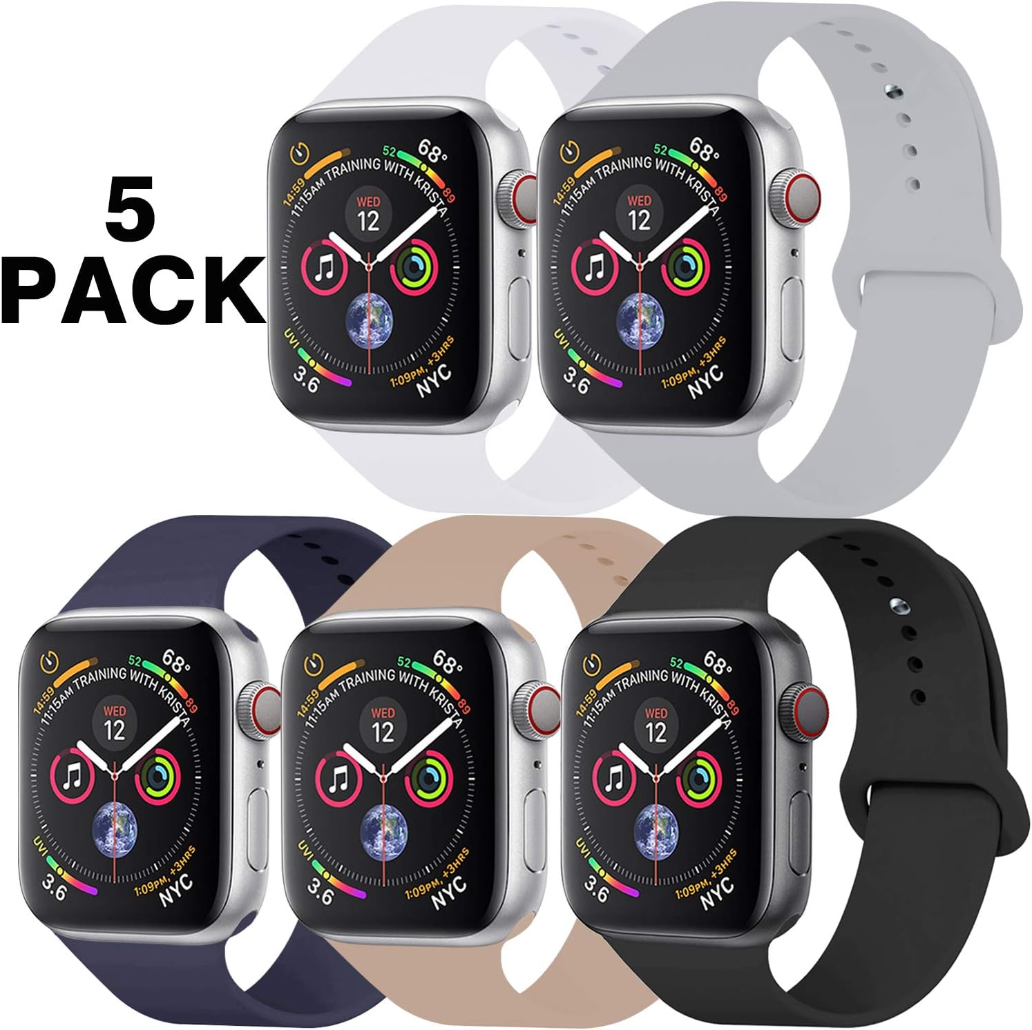 GZ GZHISY Pack 5 Sport Bands Compatible with Apple Watch 38mm 40mm 42mm 44mm, Soft Silicone Band Sport Strap Compatible with iWatch Series 5/4/3/2/1