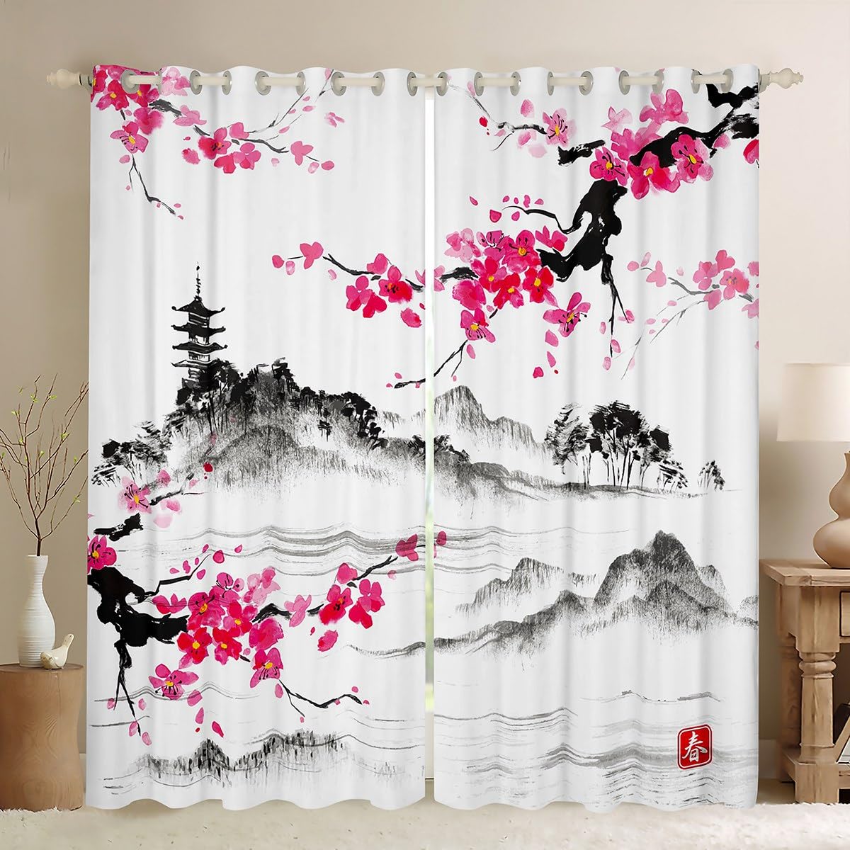 Homemissing Cherry Blossoms Curtains for Bedroom Living Room for Kids Japanese Style 30%-50% Blackout Curtains Sakura Flower Window Drapes Decor Floral Botanical Pink Window Treatments W46*L54