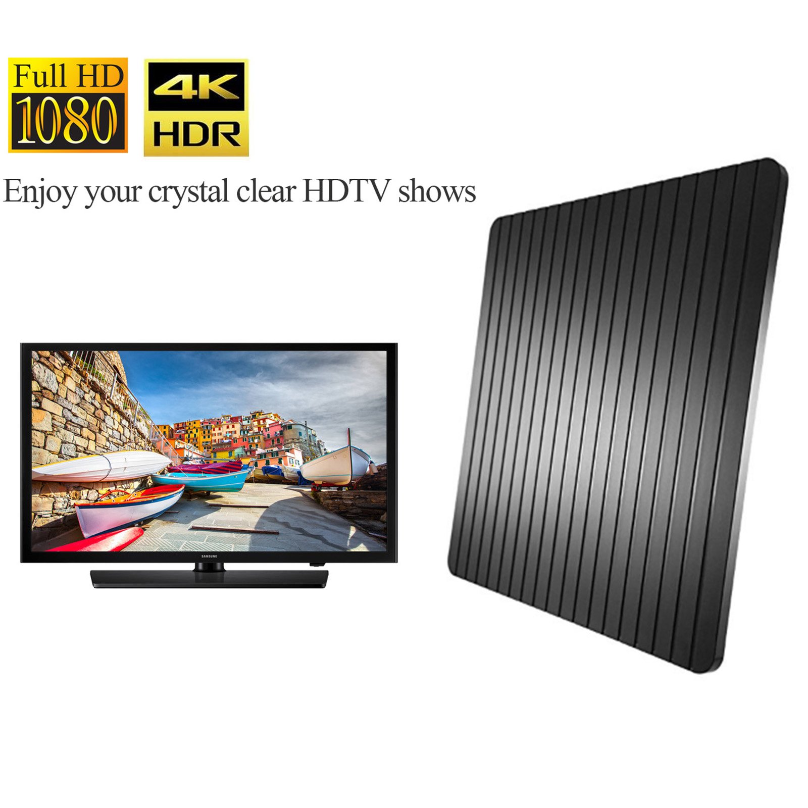 ROCAM HDTV Antenna - Indoor Digital TV Antenna 65+ Miles with Amplifier Signal Booster - Premium Design with Long Coax Cable Support HD 1080P VHF UHF All TV\'s