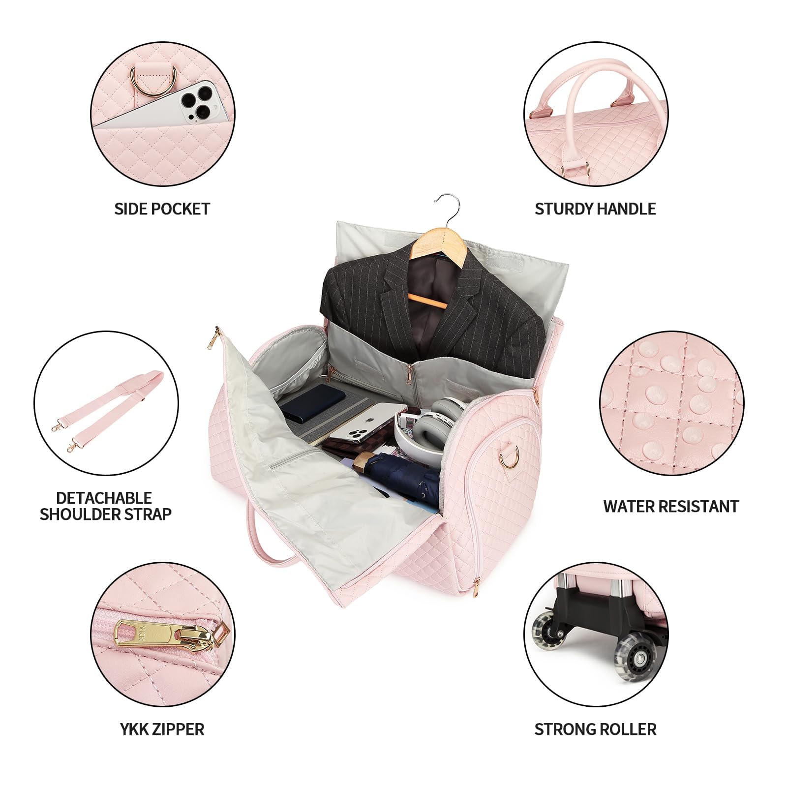 seyfocnia Rolling Garment Bag with Wheels,Wheeled Garment Bag Duffle Bag for Travel with Wheels Overnight Bags for Women with Wheels Garment Bag Suitcase Garment Duffle Bag-Pink
