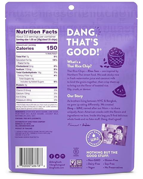 DANG THAI RICE CHIPS | GLUTEN FREE, SOY FREE & PRESERVATIVE FREE RICE CRISPS, HEALTHY SNACKS MADE WITH WHOLE FOODS (TOASTED SESAME, 3.5 OUNCE (PACK OF 1))