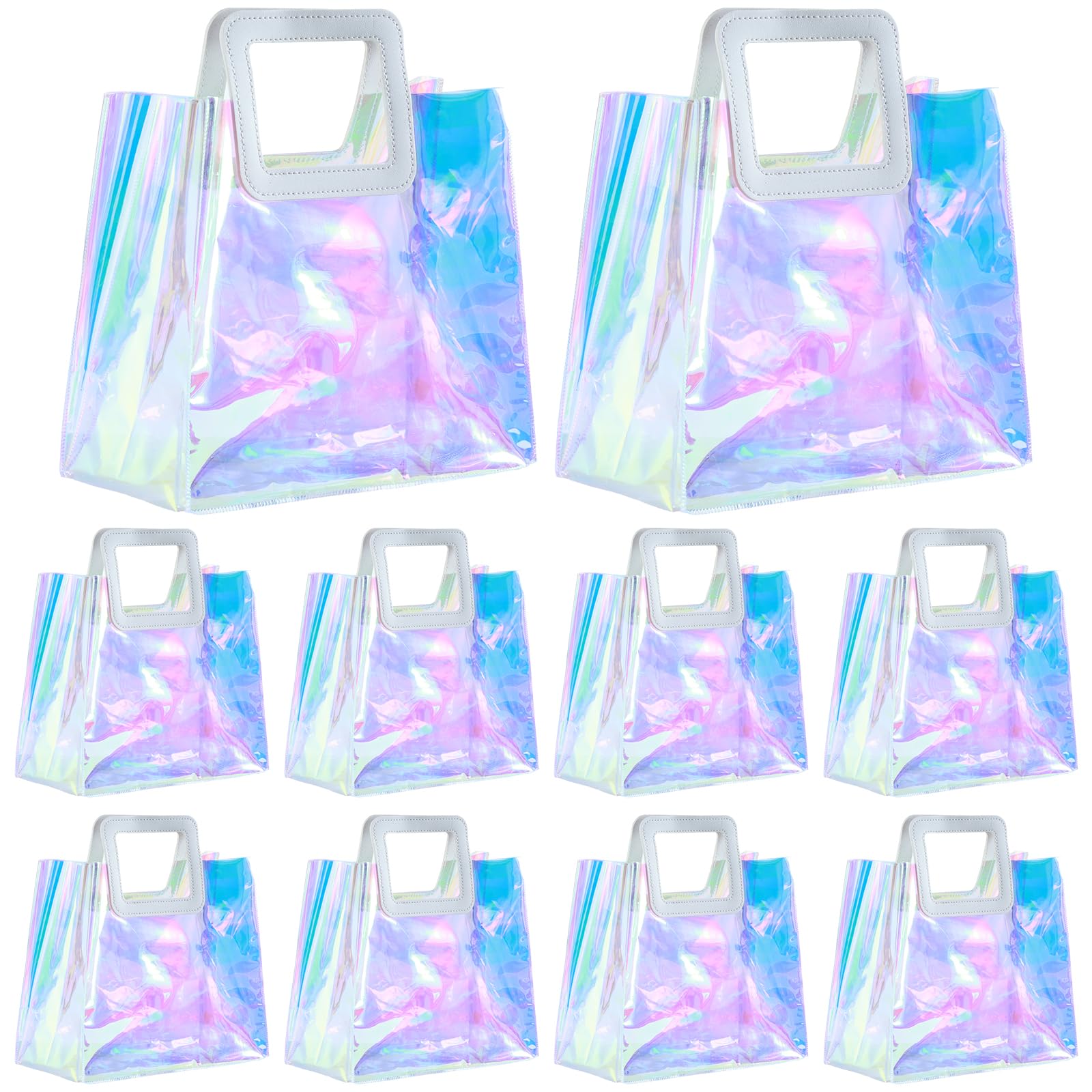 Photo 1 of 10 Pcs Reusable Holographic Medium Gift Bags with Handle 11''x9.8''x5.7'' Iridescent Bachelorette Party Favor Bags Clear PVC Tote Goodie Bags for Shopping, Picnics, Baby Showers, Weddings, Holidays