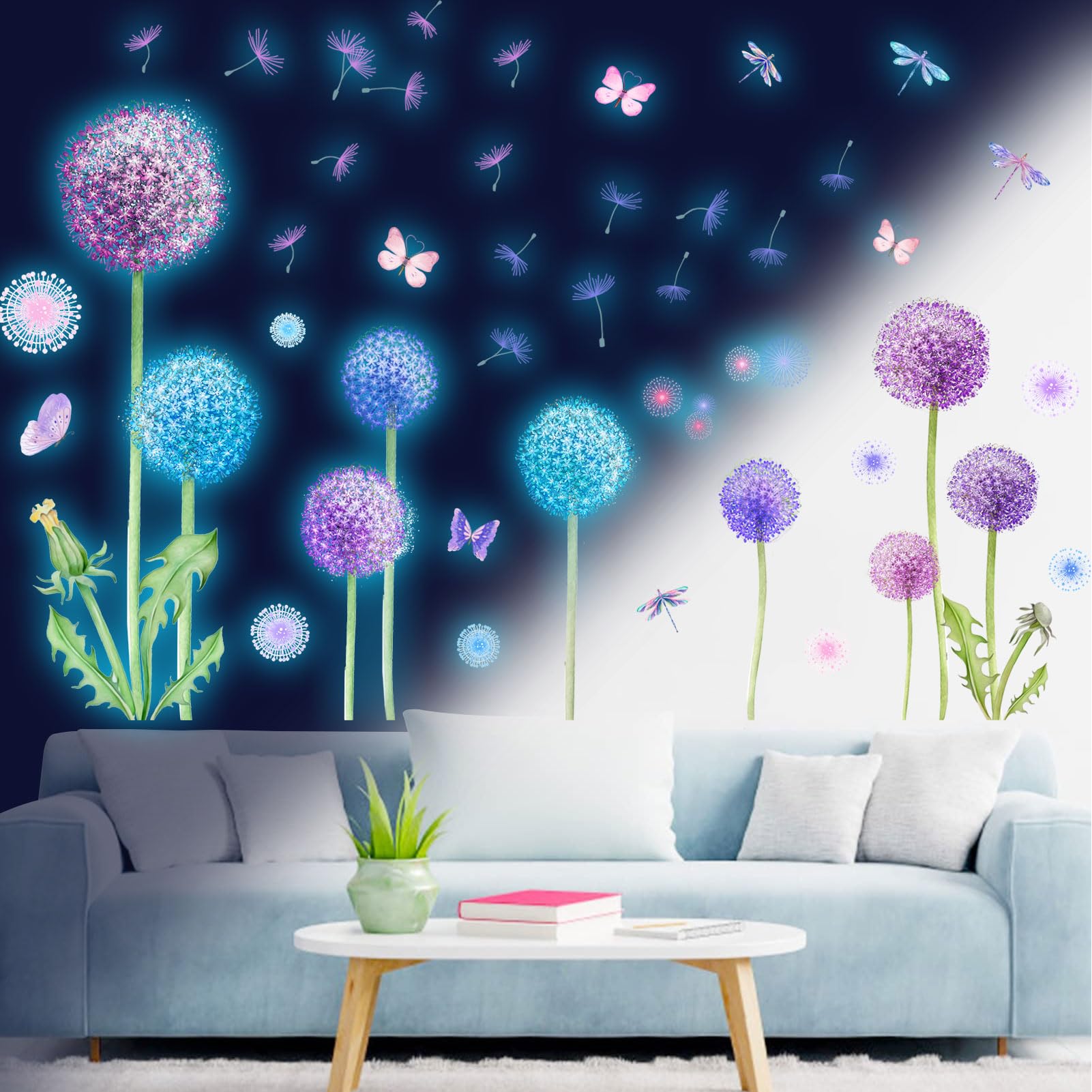 Tarklanda Glow in The Dark Dandelion Wall Stickers Colorful Dandelion Flower Butterfly Fluorescent Stickers Luminous Flying Floral Wall Decal for Kids Girls Bedroom Nursery Wall Decor Blue — image 1