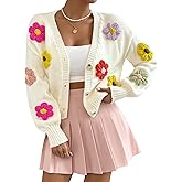 SHENHE Women's Button Down Flower Cardigan V Neck Open Front Knit Crop Cardigan Sweater