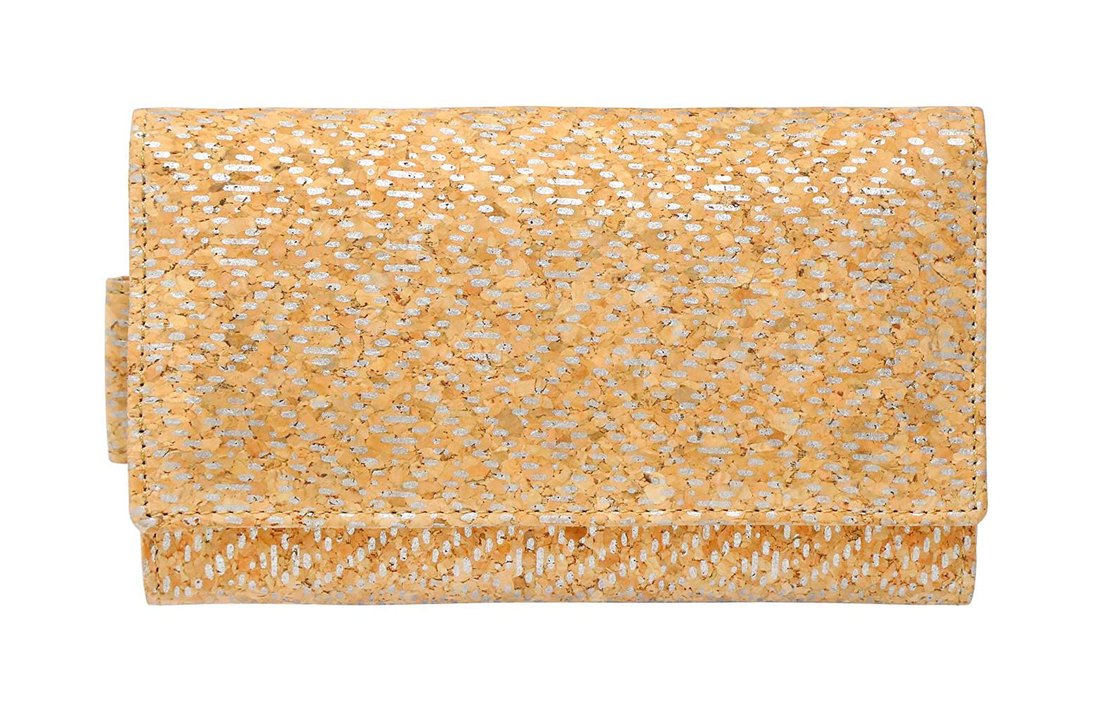 Hudson & James Ladies Designer Cork Vegan RFID Blocking Shield Compact Card Holder Wallet Purse Multi Card Women Clutch Wallet with Phone Pocket (Cork with Silver Pattern)