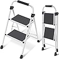 KINGRACK 2 Step Ladder, Folding Step Stool with Anti-Slip and Wide Pedal, Lightweight Stepladder with Handrails, Portable for Kitchen, Household, 330LBS, White