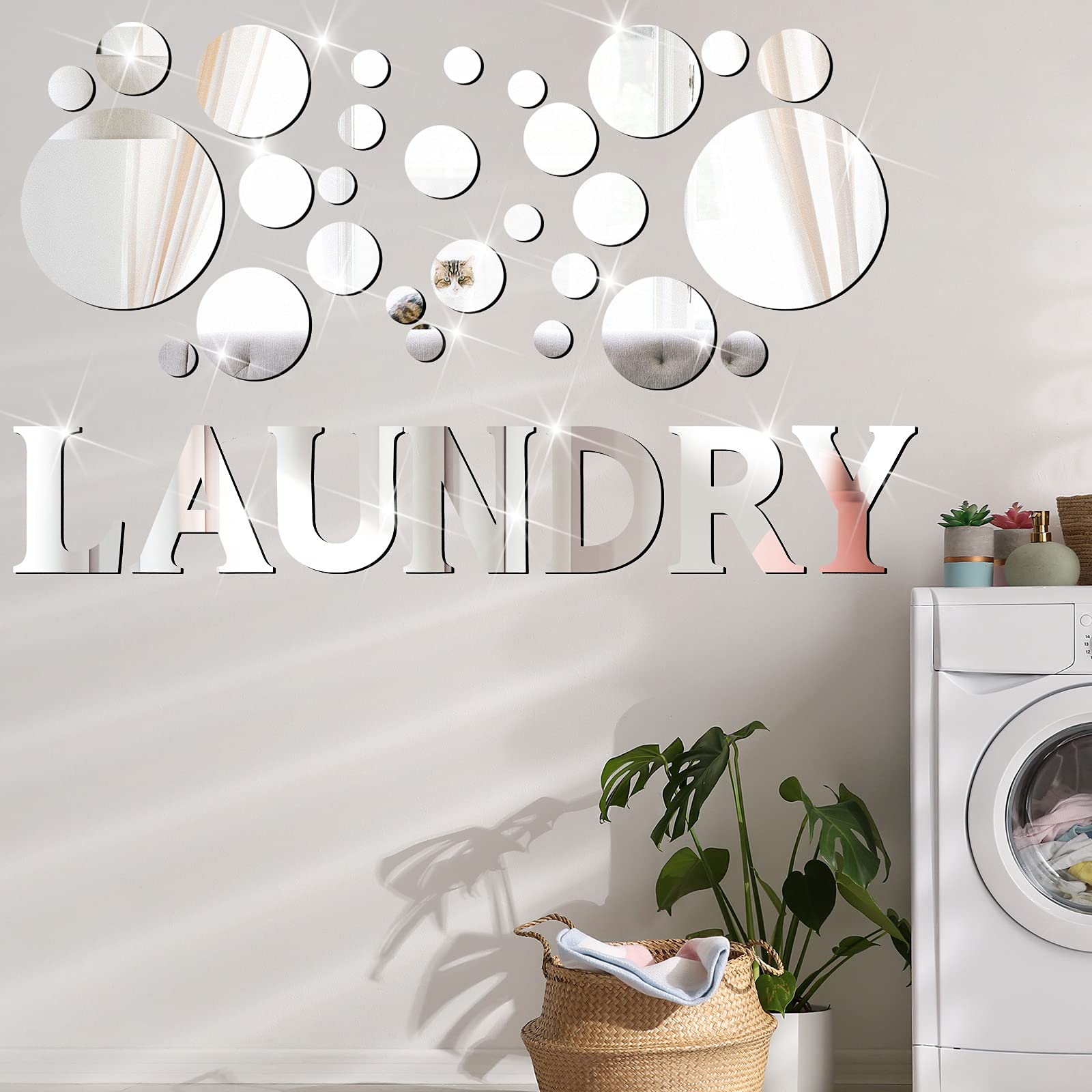 Photo 1 of ***POSSIBLY FOR PARTS /UNKNOWN MISSING PIECES*** Zonon Laundry Room Mirror Decal Silver 3D Acrylic Mirror Wall Stickers DIY Wall Sticker for Bathroom Home Decorations Supplies(Silver)