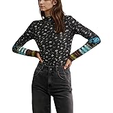 calbatic Women Waffle Knit Floral Print Cuffs Long Sleeve T Shirt Mock Neck Casual Fall Spring Tee Top