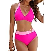 BMJL Womens Two Piece Swimsuit Color Block Triangle Bikini Sets Mid Rise Bathing Suits Cute Swimwear