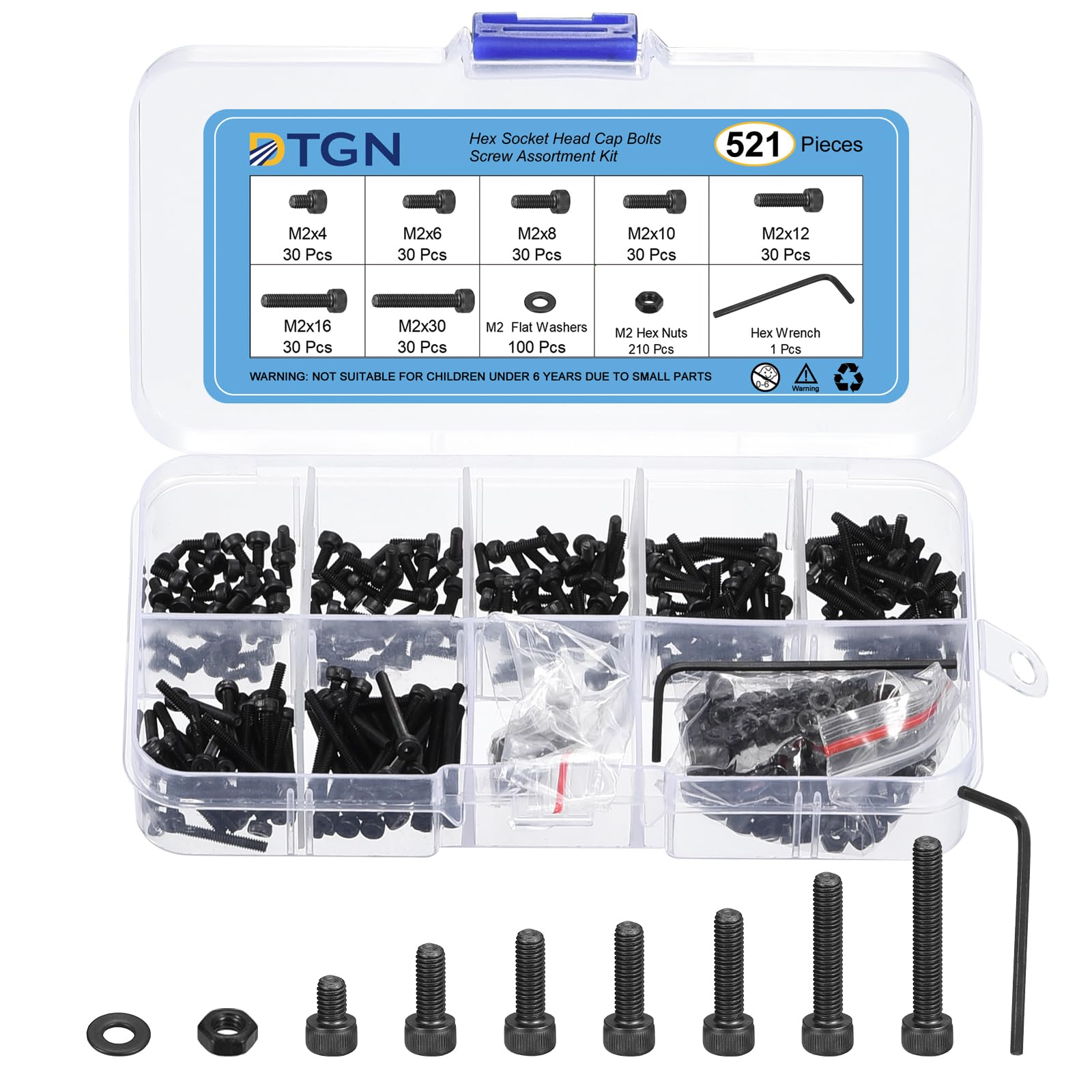 DTGN 520Pcs Metric Screw Assortment, M2 Bolts and Nuts Kit, 12.9 Grade Steel M2x4/6/8/10/12/16/20mm Hex Socket Head Cap Screws Bolt Set With Washer & Wrench