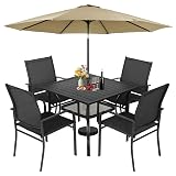 Incbruce 6 Pieces Patio Dining Set with Brown Umbrella, Outdoor Dining Set of 4 Textilene Chairs and Square Table with Umbrella Hole for Backyard, Garden, and Poolside (Black)