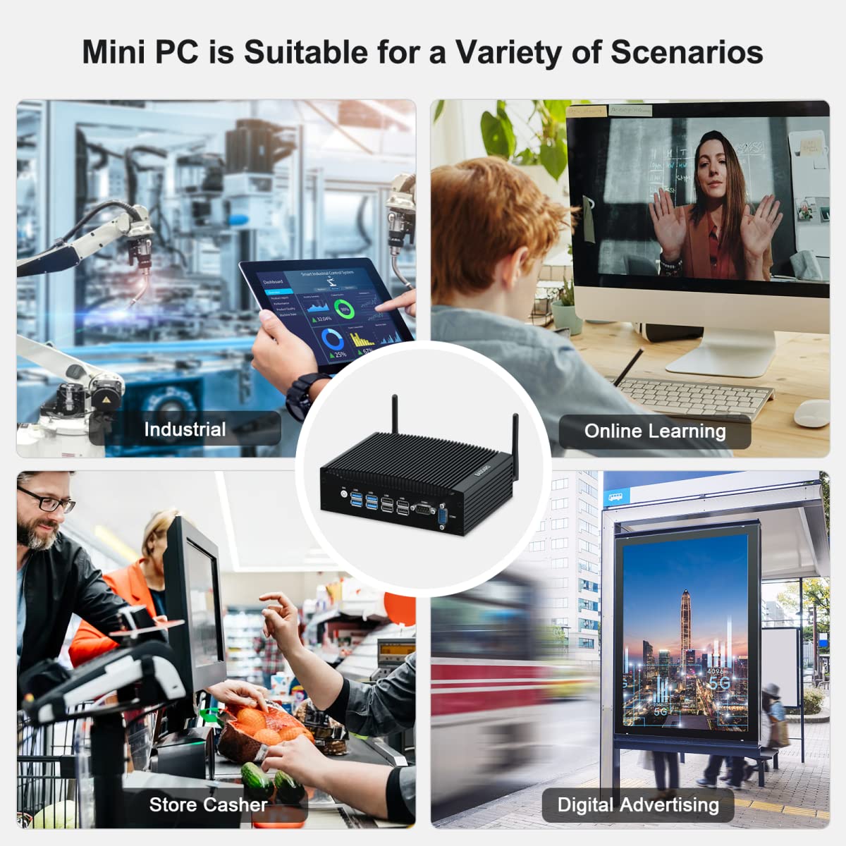 BASOARO Lüfterloser Industrie Mini PC i5, Mini PC Win 11 Pro, 16GB RAM 256GB SSD Core i5 8350U Industrie Computer mit RS232, Dual RJ45 LAN, 2 HD Displays, USB 3.0, Dualband WLAN, BT 6