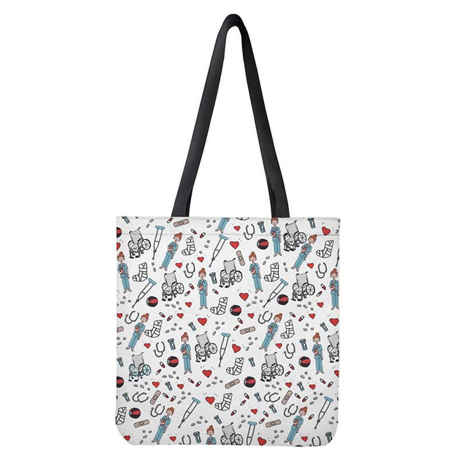 Woisttop Canvas Tote Bag White Nurse Print Grocery Handbag Casual School Cotton Shopping Shoulder Bag for Women Girls