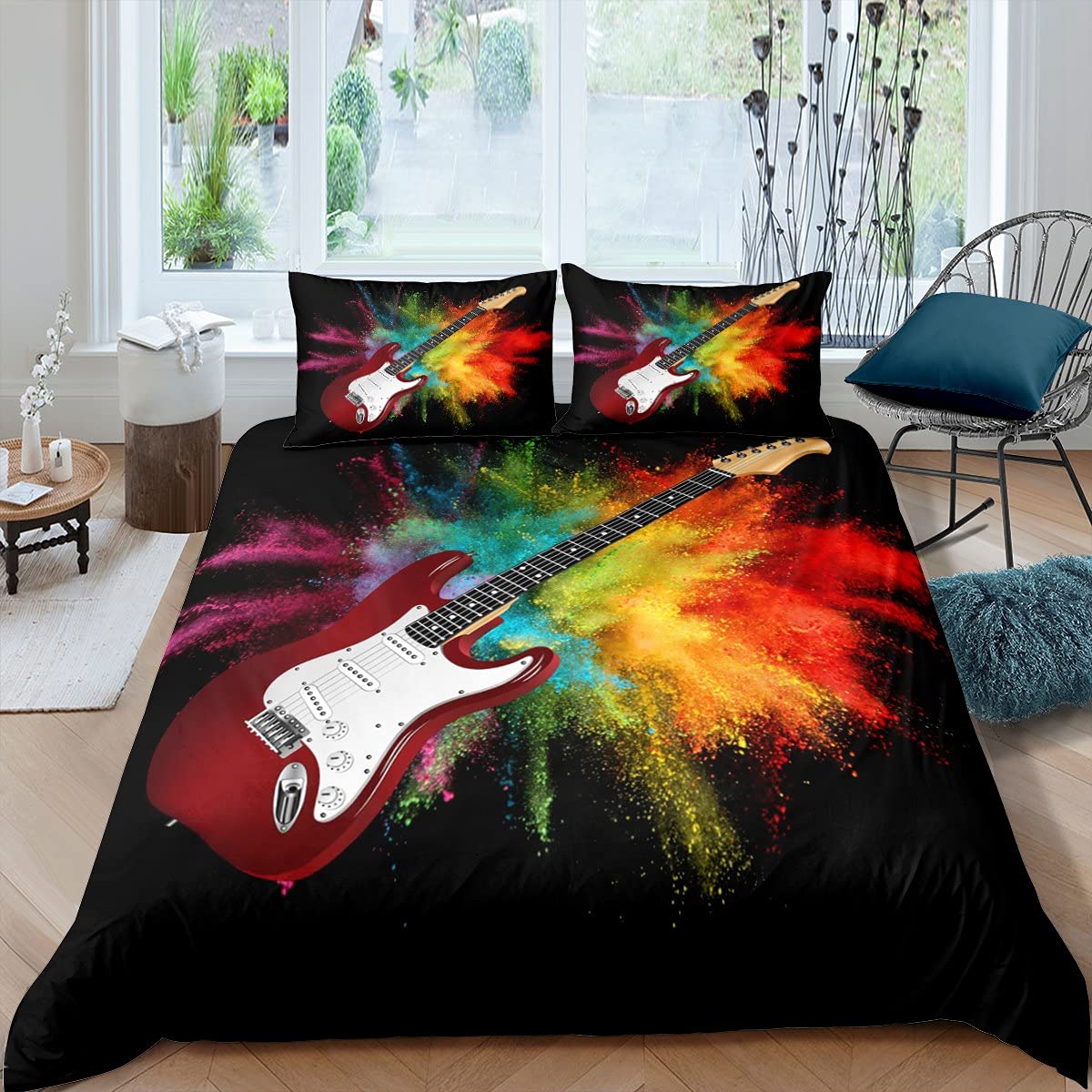 Homewish Guitar Duvet Cover King For Kids Teens Adults,Rock Music Theme Bedding Set Hip hop Electric Guitar Comforter Cover Rainbow Tie Dye Bedspread Cover With 2 Pillow Cases Black — image 1