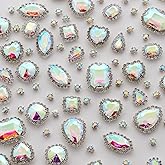 TANOSII Sew on Rhinestones 100 PCS Mixed Shapes Glass Rhinestones Sew on Crystal Gems Mental Flatback with Silver Claw for Jewelry Crafts Clothes Shoes Costume Garment AB White Type 1