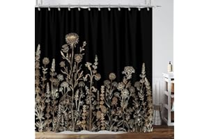 GOAOK Vintage Black and Gold Boho Shower Curtain, Black and Tan Cream Floral Aesthetic Dark Wildflower Botanical Flowers Shower Curtain for Bathroom with Hook,Farmhouse Plant Art Chic Shower Curtain 72X72