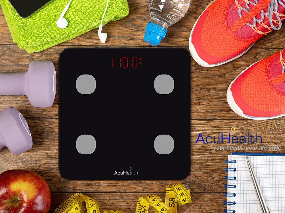 AcuHealth Body Fat Scale and Fitness Analyzer - Your Personal Health Monitor with Bluetooth Connectivity with iOS & Android Smartphone and Tablet Devices Analyzes 10 Heath Parameters (Black): Health & Personal Care