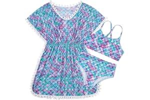 Goodstoworld 7-12Y Girls 3 Piece Cover Up Swimsuit Hawaiian Bikini Bathing Suit with Pompom Tassel