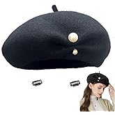 huablo French Berets Hat Premium Cashmere Beret Pearl Decorative Elegant Church Wool Hat for Women Solid Artist Hat