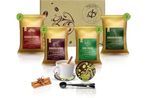 Coffee Sampler Gift Set - (8x2.5oz) TRIONI Ground Coffee Medium Roast Individual Coffee Packets Variety Pack - 4 Unique Flavored Coffee Packs - Including a Cinnamon Sticks, Coaster, Bag Clip and Spoon