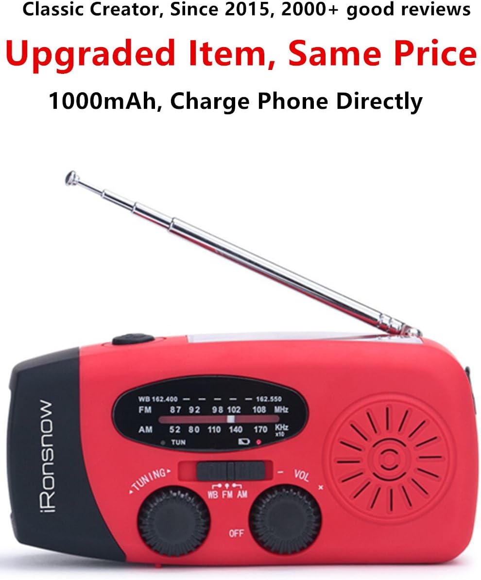 (Classic Creator) iRonsnow Solar Emergency NOAA Weather Radio Dynamo Hand Crank Self Powered AM FM WB Radios 3 LED Flashlight 1000mAh Smart Phone Charger Power Bank(Red): Electronics