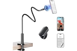 LOCTHAL Magnetic Phone Holder for Bed Laying Down with Remote Page Turner, Bedside Gooseneck Phone Stand with Clicker for Reading, Flexible Mount with Wireless Scrolling Ring for iPhone/Tiktok/Short Video