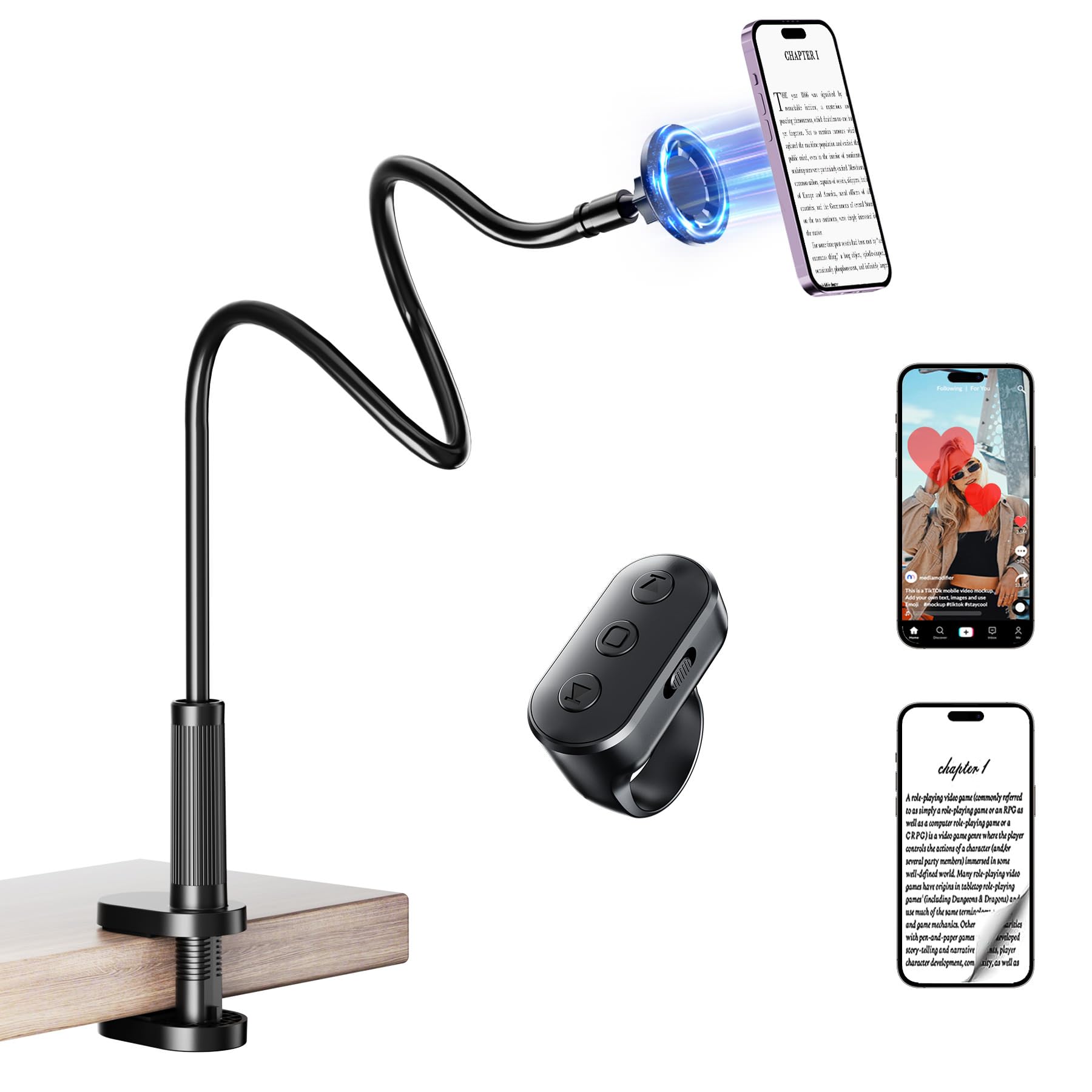 Photo 1 of Magnetic Phone Holder for Bed Laying Down with Remote Page Turner, Bedside Gooseneck Phone Stand with Clicker for Reading, Flexible Mount with Wireless Scrolling Ring for iPhone/Tiktok/Short Video